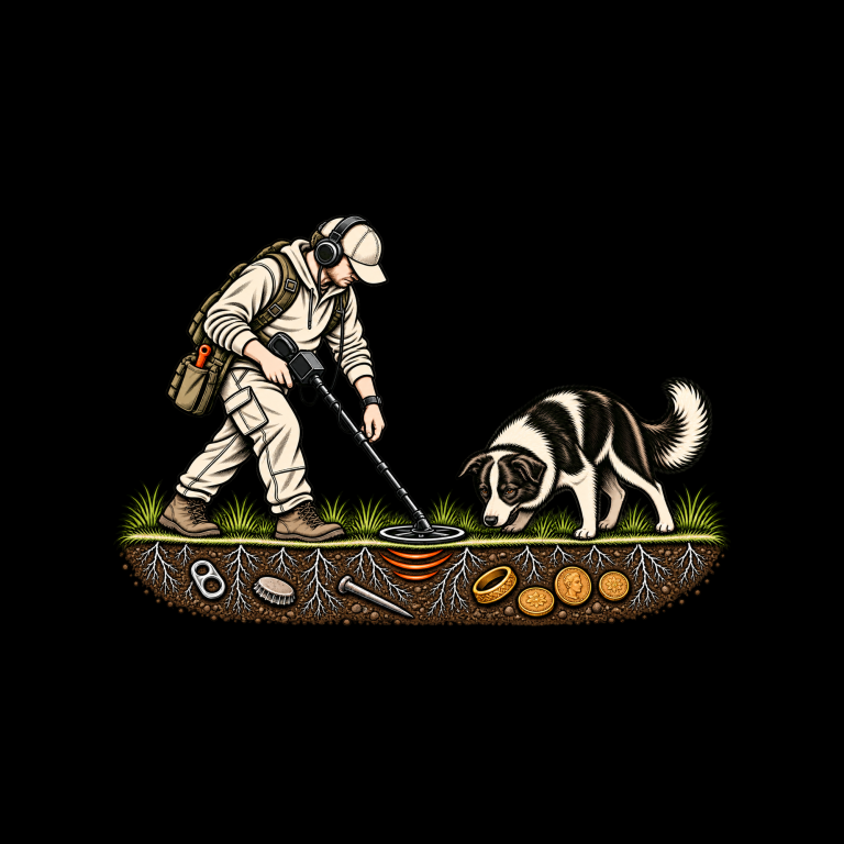 METAL DETECTING Analogue Class metal detecting hobby T-shirt design with detectorist and Border Collie