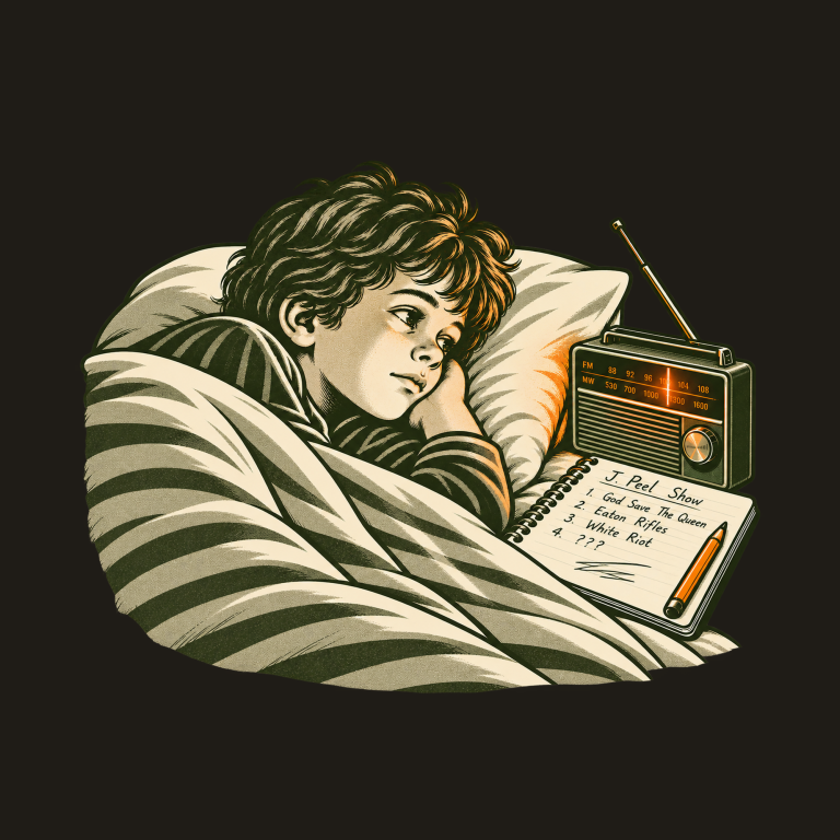 RADIO IN BED Analogue Class nostalgic child listening to a transistor radio in bed T-shirt design