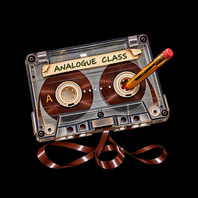 Analogue Class cassette tape and pencil T-shirt design