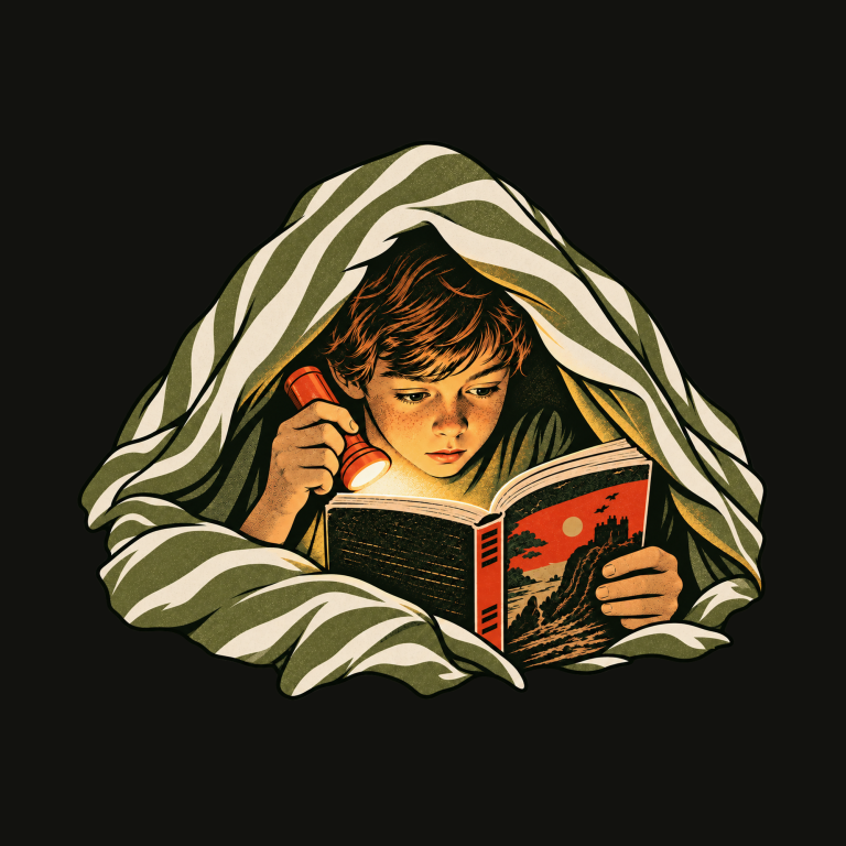 UNDER THE COVERS Analogue Class nostalgic reading under the covers by torchlight T-shirt design